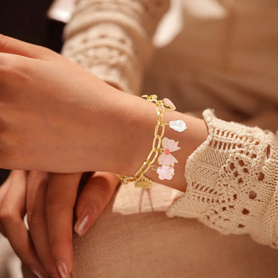 18K Gold Plated Pink Bow & Pearl Charm Bracelet