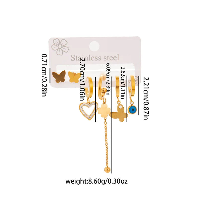 Titanium Steel Heart Earrings for Women Flower Tassel Butterfly Set 0984