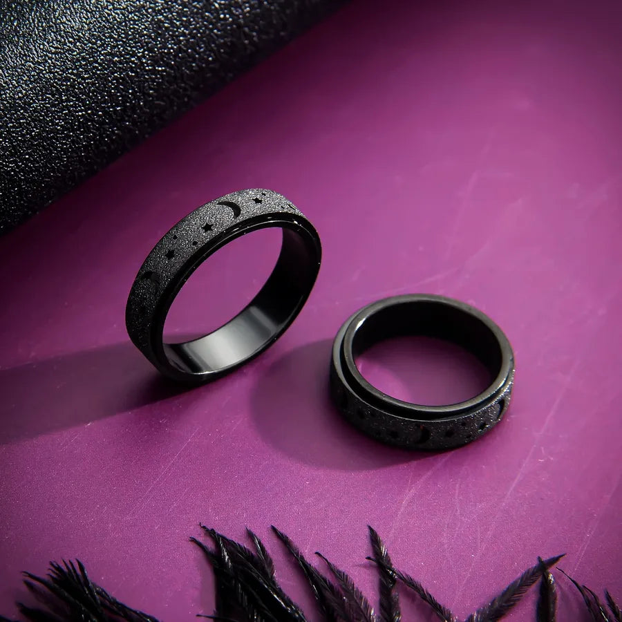 Retro Titanium Steel Geometric Couple Ring Rotating Star and Moon Hollow Black X3