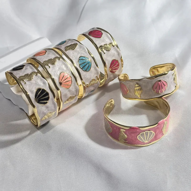 Gold Starfish & Shell Stainless Steel Bangle