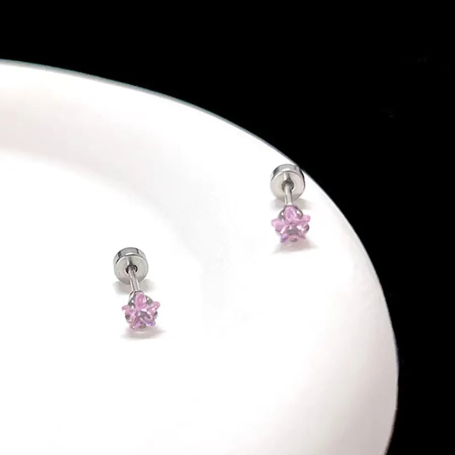 Gold Star & Heart Zircon Flat Back Earrings Silver Five-pointed Star Pink Zirconium 3mm Pair