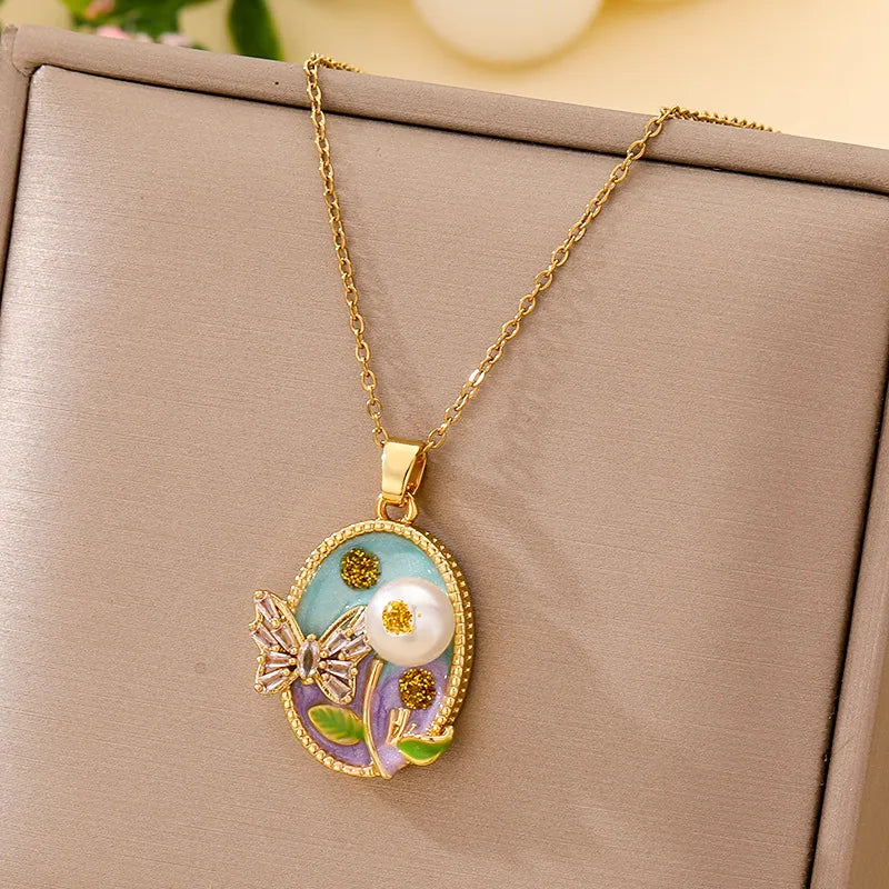 Boho Floral Pendant Necklace – Titanium Steel B005- Gold