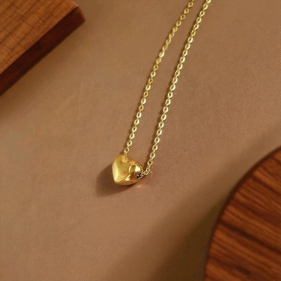 Titanium Steel Heart Pendant Necklace X0418-O-shaped Chain Heart Necklace - Gold