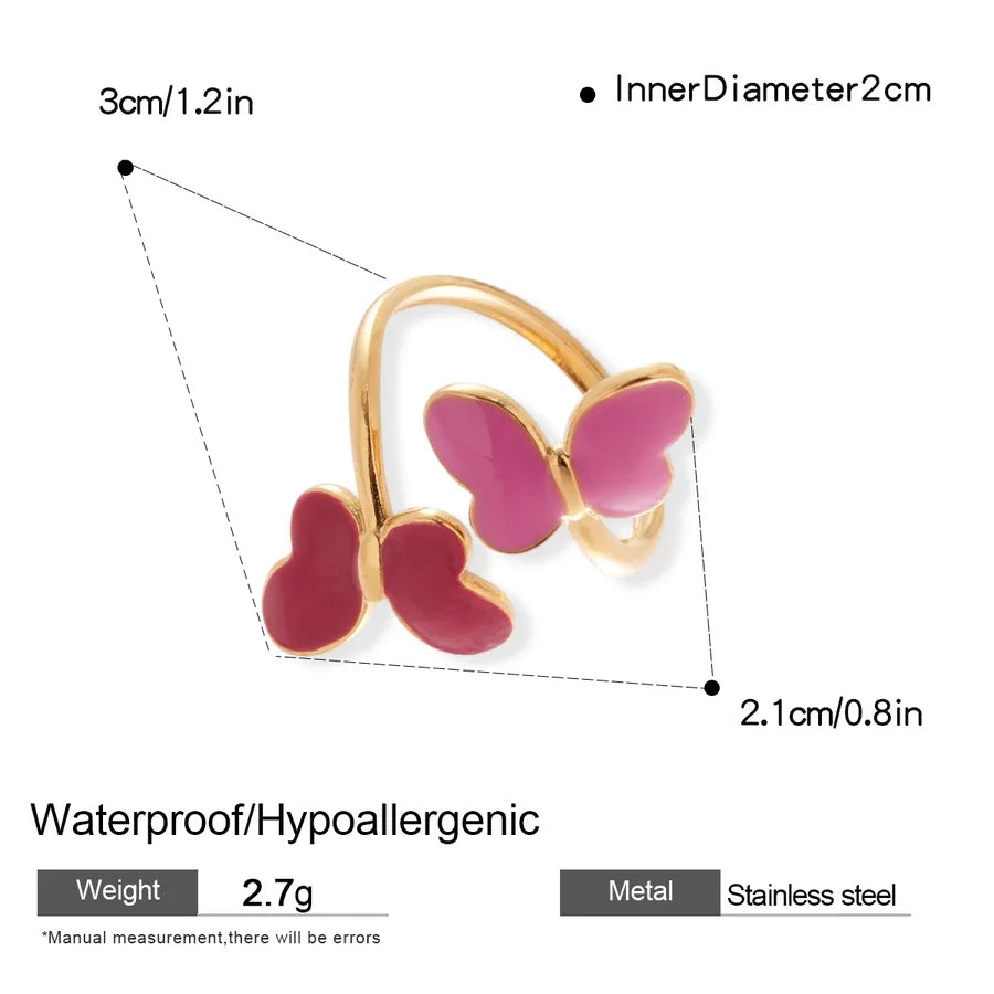 Stainless Steel Butterfly Open Ring 2 # Ring - Gold - Red - Pink