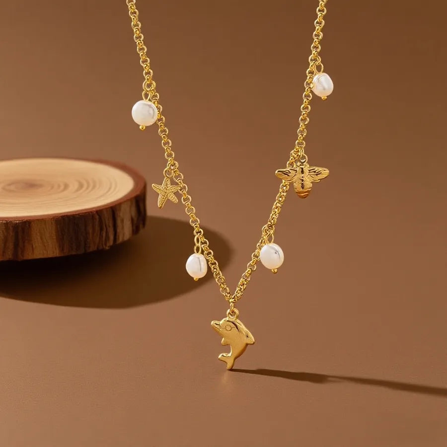 Titanium Steel Starfish Shell Pendant Necklace X01194-Pearl Dolphin Starfish-Necklace- Gold