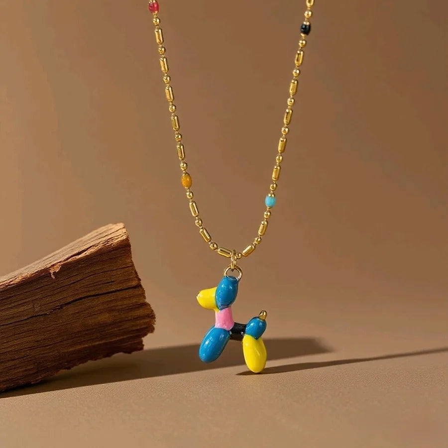 Titanium Steel Heart Pendant Necklace X0606-Drip Glaze Balloon Dog-Necklace- Gold