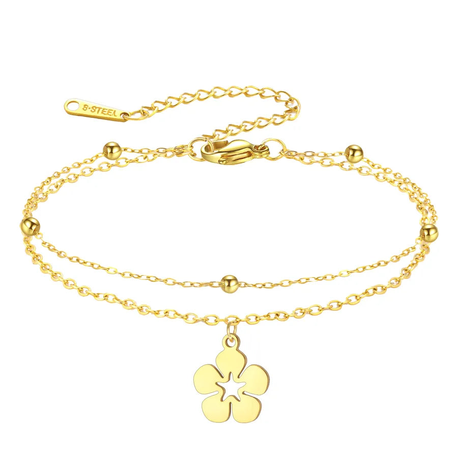 Double Layer Star Pendant Stainless Steel Bracelet Gold Five-petal Flower