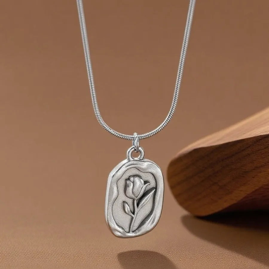 Titanium Steel Heart Pendant Necklace X06045-embossed Flowers-necklace-steel Color