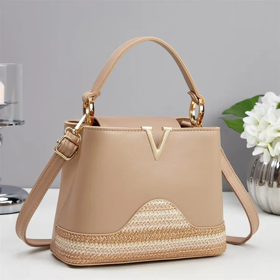 Spliced PU Leather Crossbody Bucket Bag