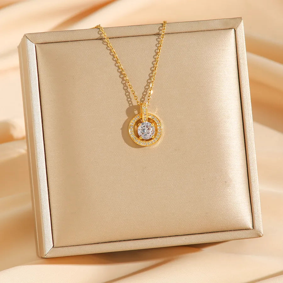 Zircon Round Pendant Titanium Steel Necklace