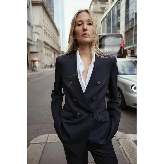 Women's No-Collar Blazer & Straight Pants Set