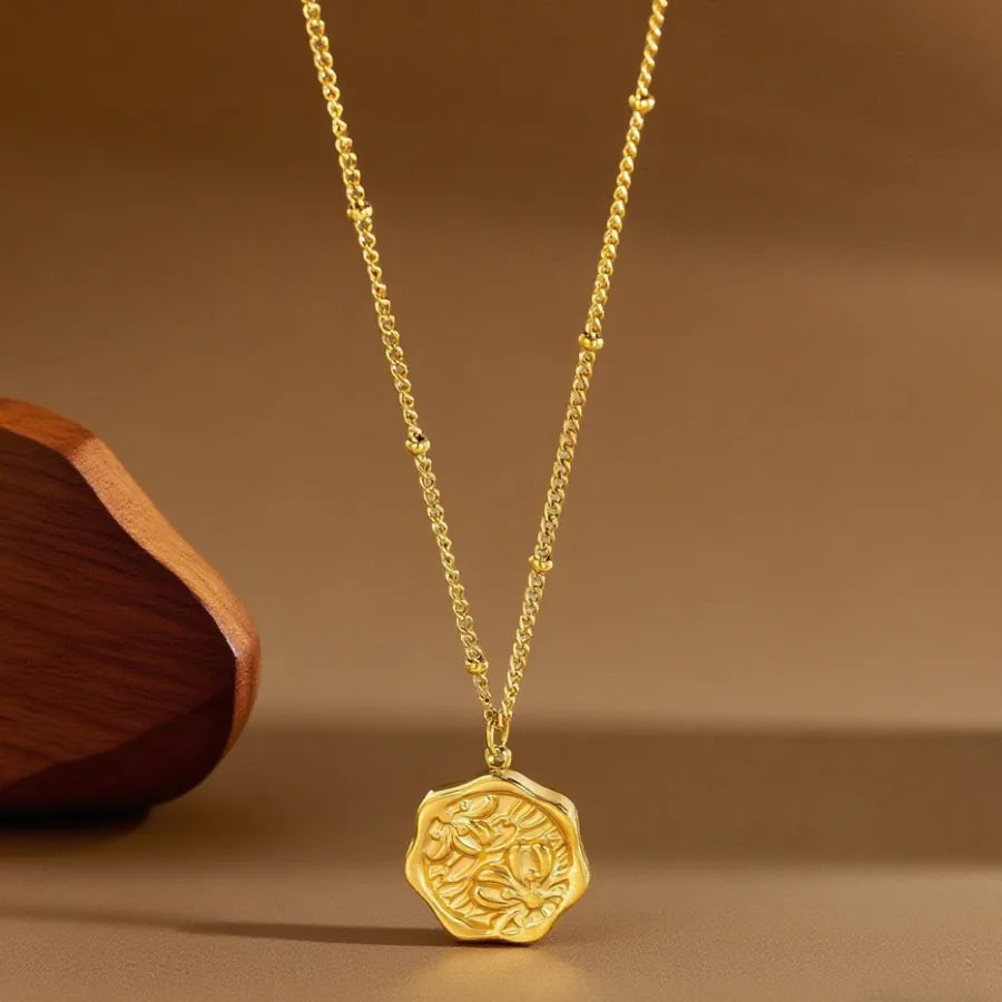 Titanium Steel Heart Pendant Necklace X0645-Flower Round Pendant-Necklace- Gold