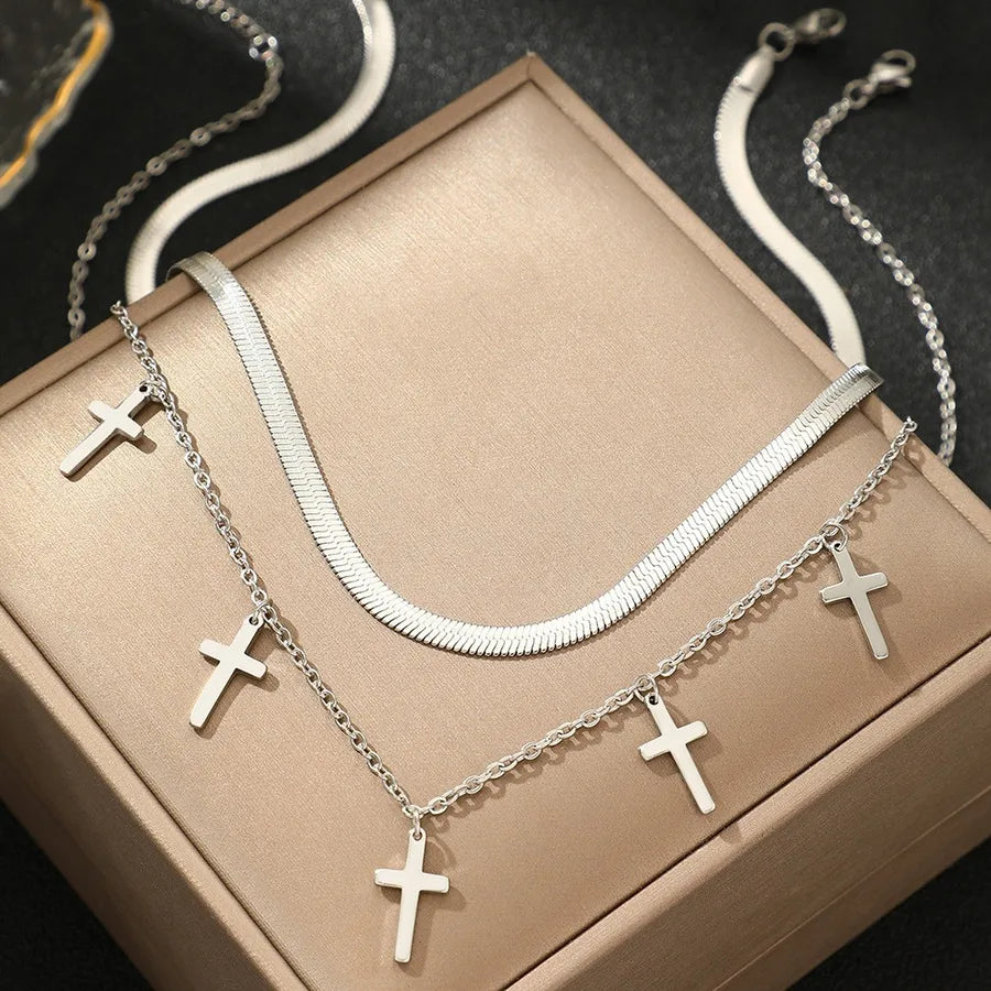 Gold Plated Stainless Steel Layered Pendant Necklace Average Size Steel Color 006#