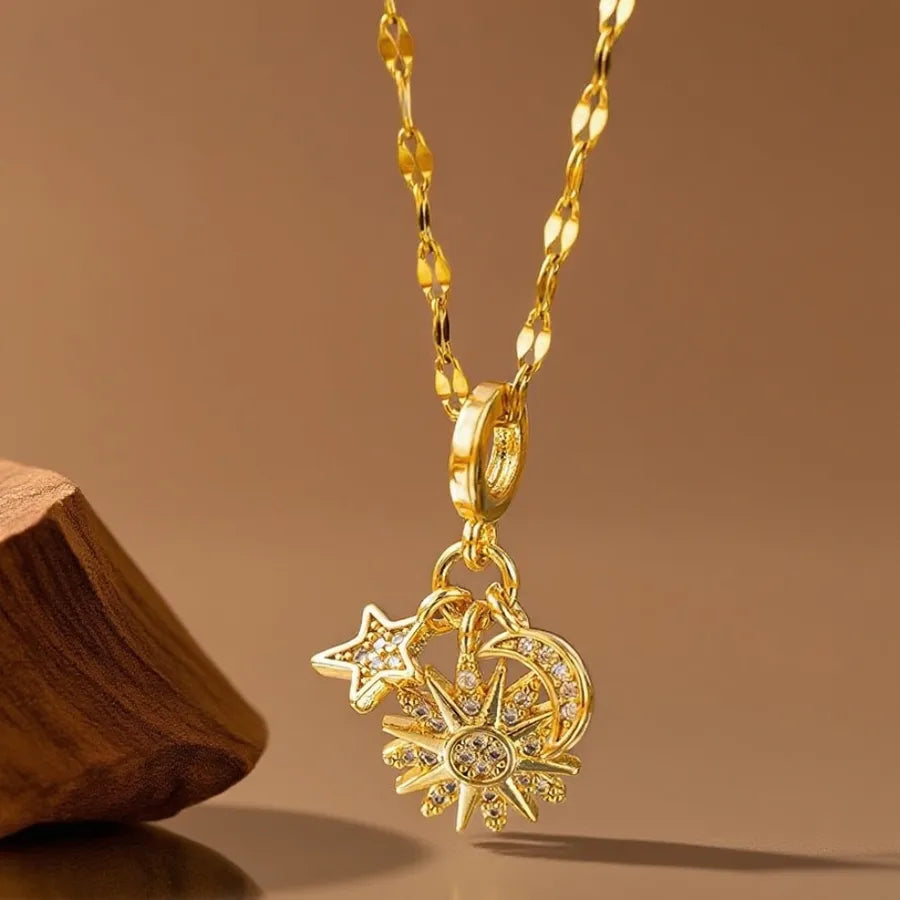 Geometric Titanium Steel Necklace for Women X08203 【Copper Pendant】Star Sun Moon - Necklace - Gold