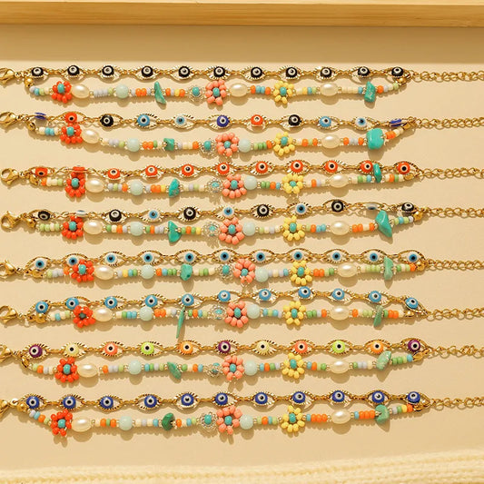 18K Gold Boho Eye & Flower Double Layer Bracelet