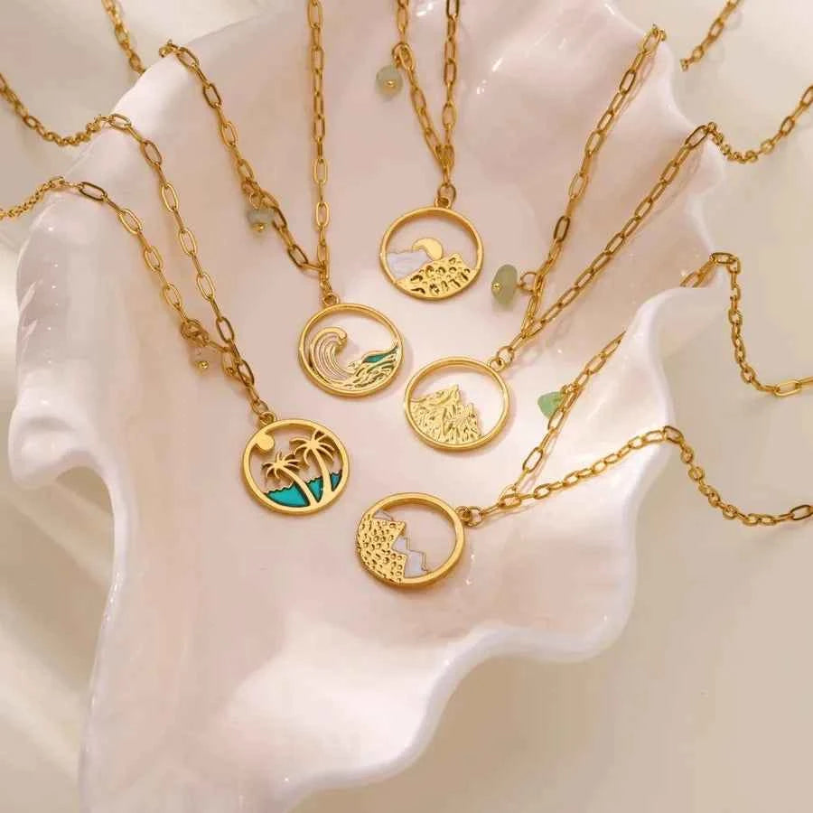 18K Gold Wave & Palm Tree Pendant Necklace