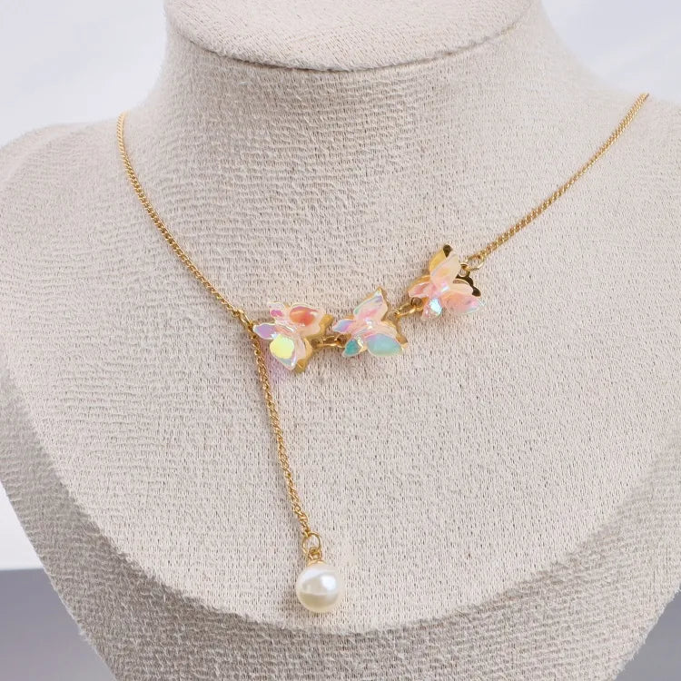 Gold Butterfly Pendant Necklace with Pearl Chain
