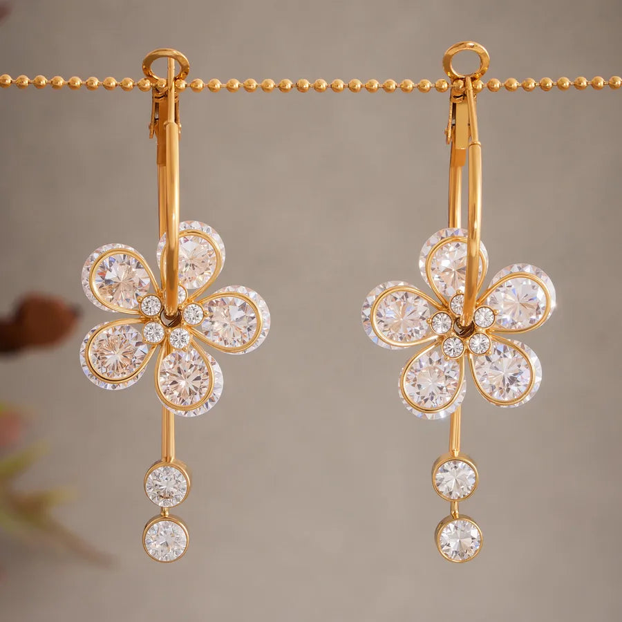 Elegant Zircon Flower Tassel Earrings in 18K Gold