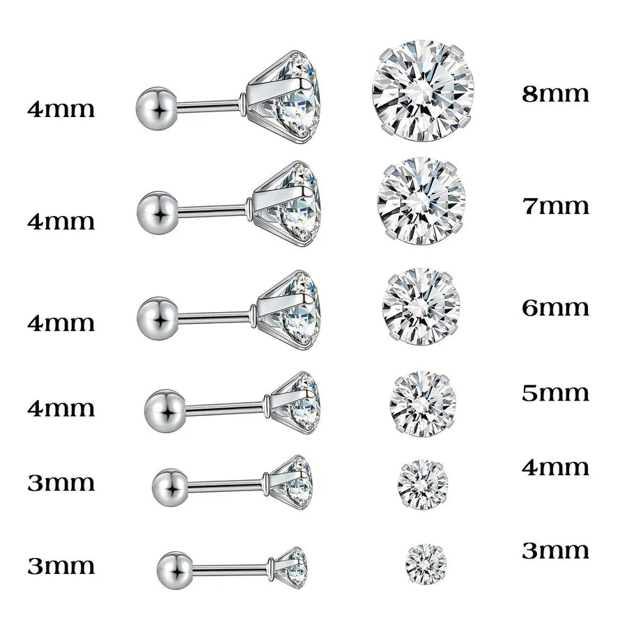 18K Gold PVD Coated Stainless Steel Ear Studs 6 Pairs of White Gold Earrings 3mm-8mm