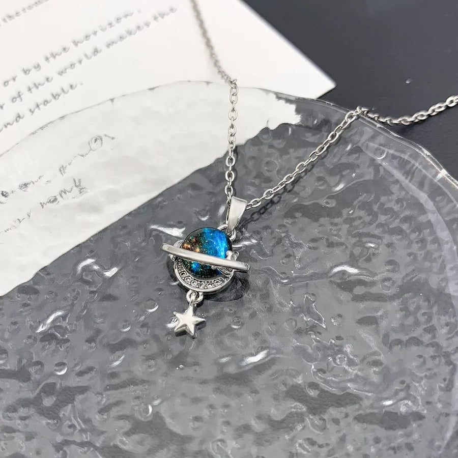 Starry Sky Planet Zircon Pendant Necklace XL1779 Star Planet Necklace Silver