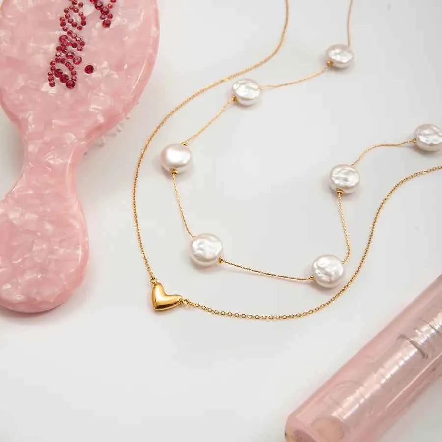 18K Gold Glass Pearl & Heart Pendant Necklace Set