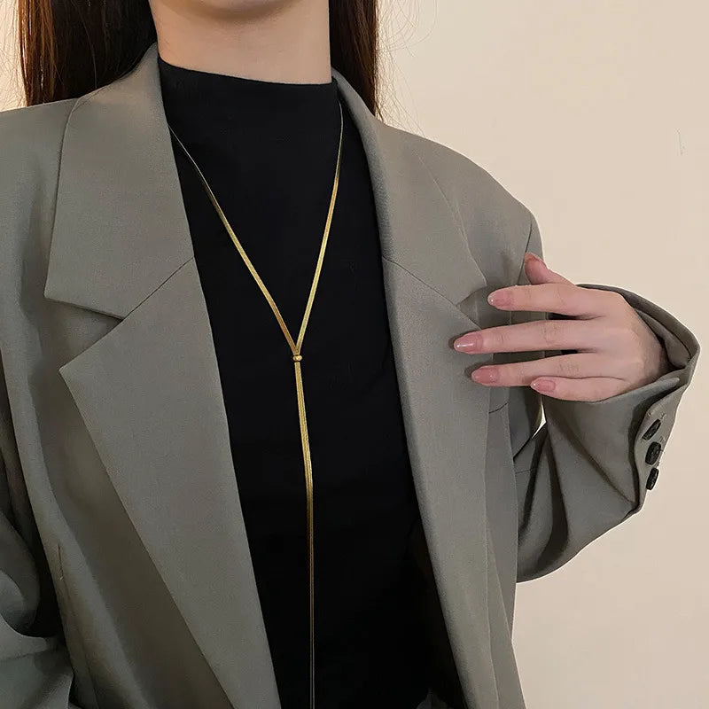 Double Layer Titanium Steel Heart Necklace X0140- 1.1m Snake Bone Chain-Sweater Chain- Gold