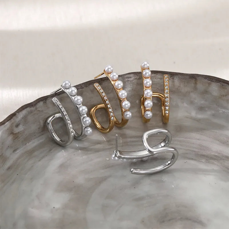 French Retro Pearl Zircon C-Shaped Earrings