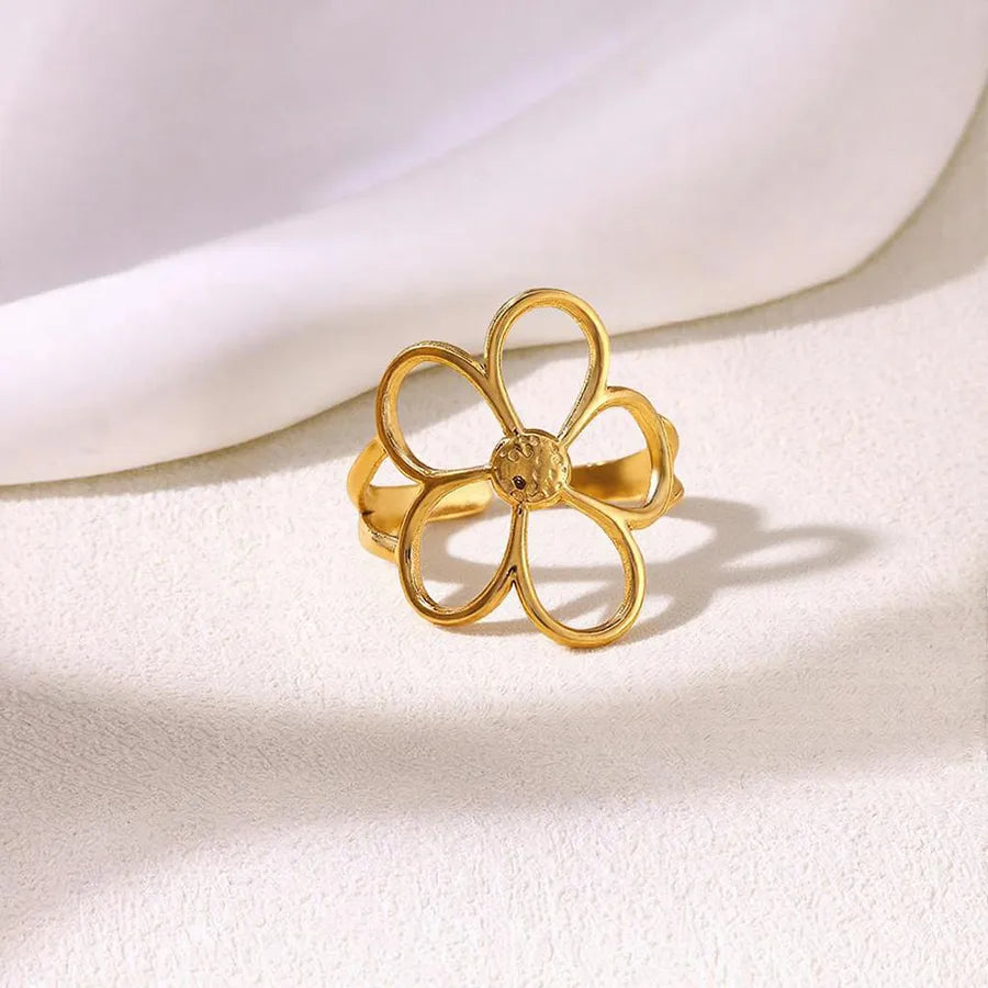 18K Gold Heart & Flower Stainless Steel Ring