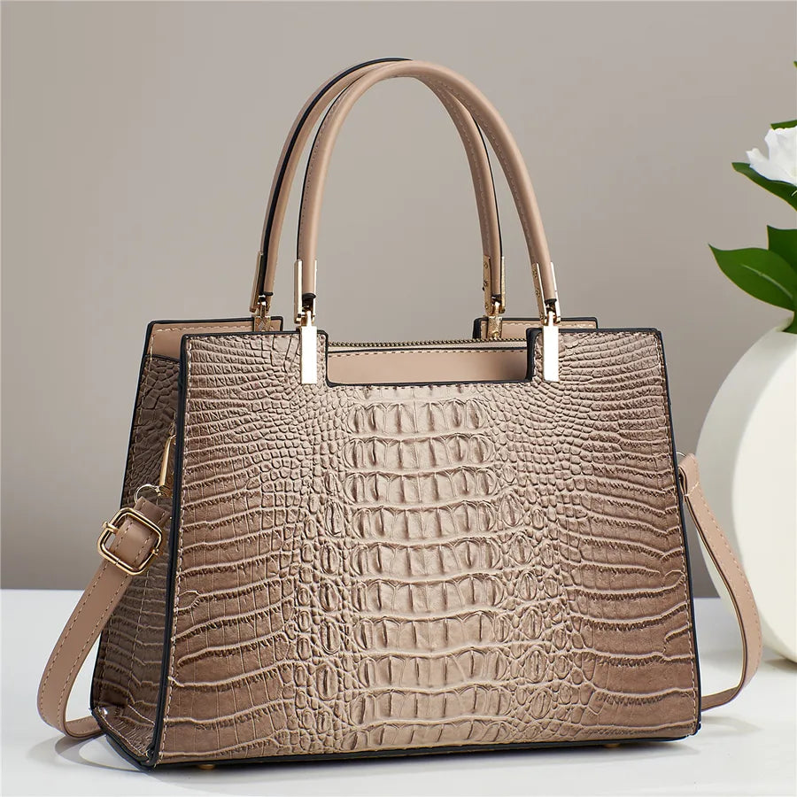 Crocodile Pattern Large Shoulder Handbag Khaki