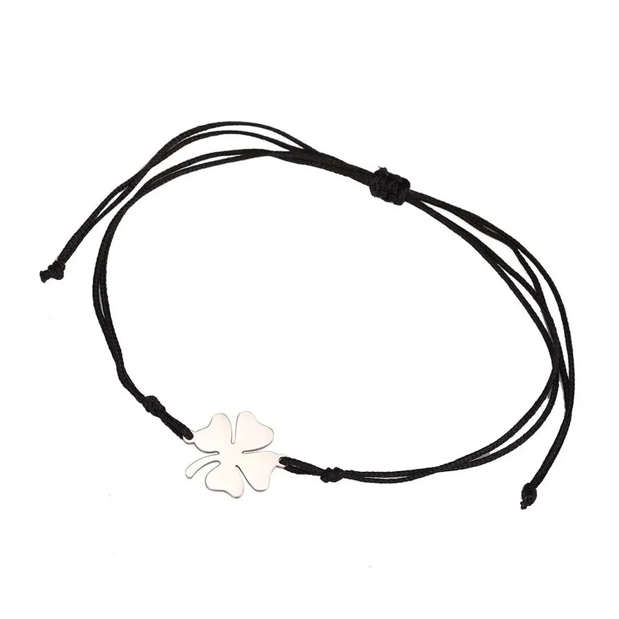 Double Layer Four Leaf Clover Bracelet Steel Color-black Jade Thread