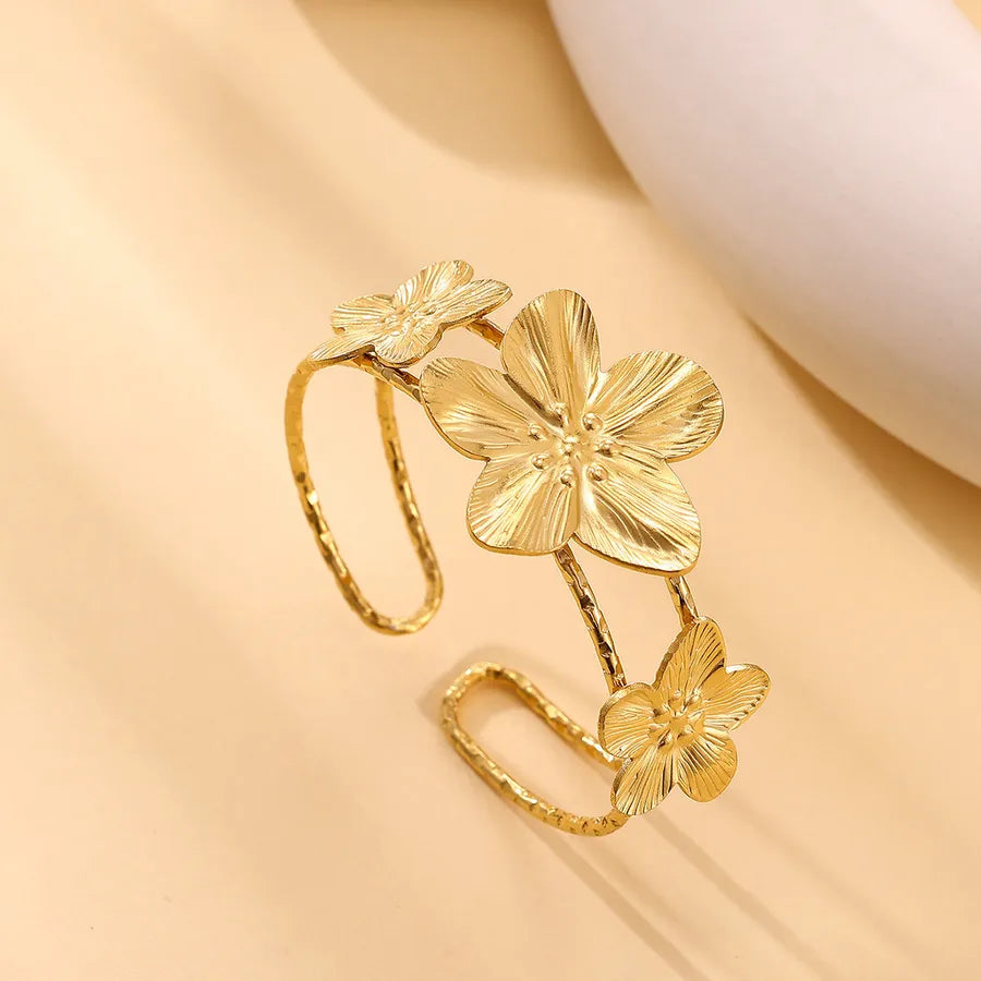Gold Flower Open Bangle Bracelet for Women