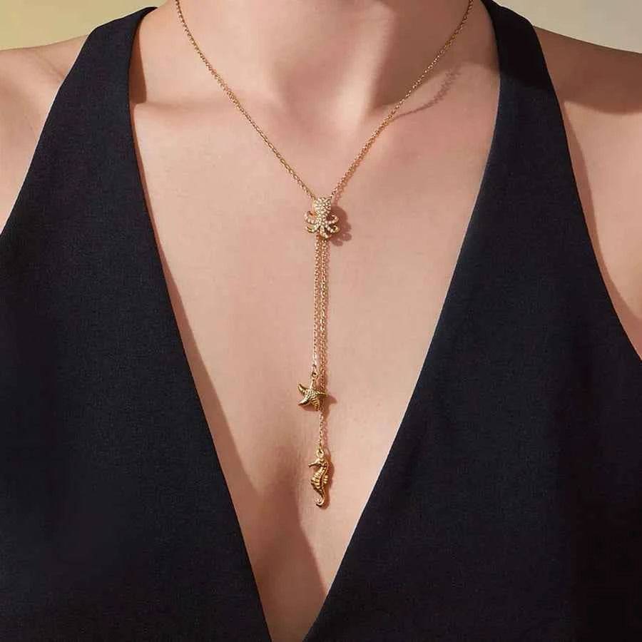Gold Starfish Y Necklace with Zircon Accents