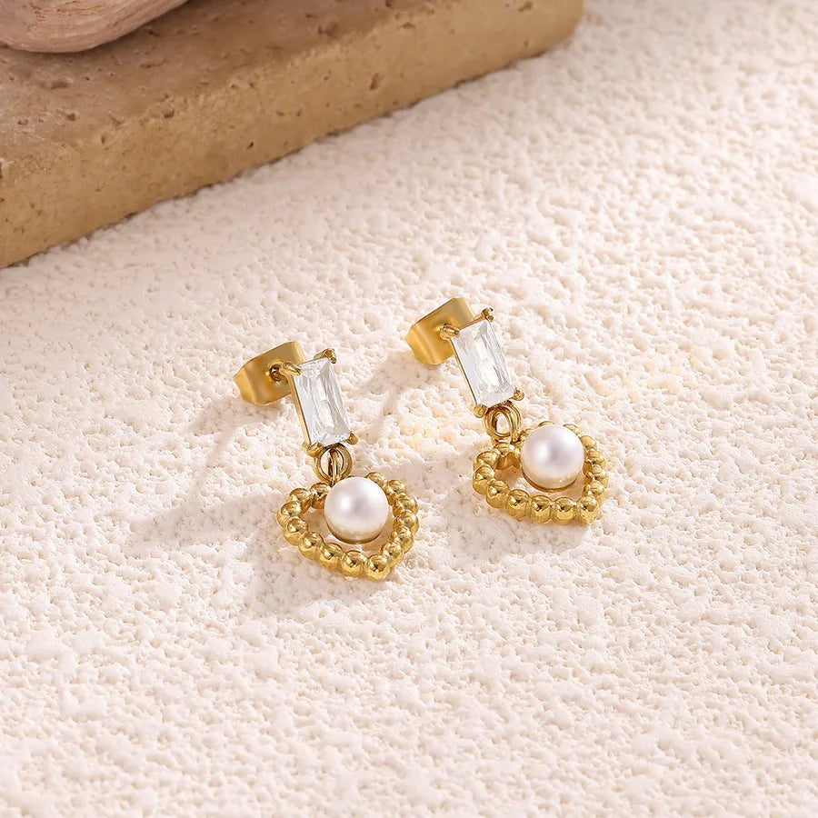 Heart-Shaped Pearl & Zircon Stud Earrings