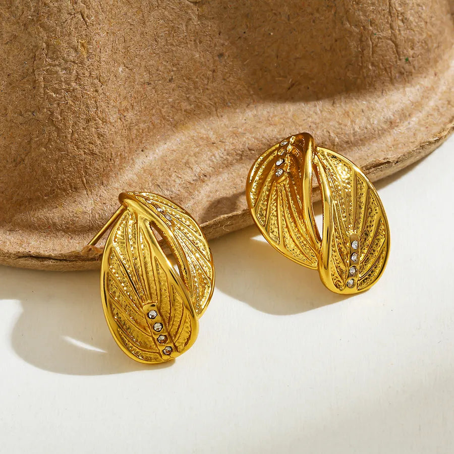 Gold Leaf Zircon Stud Earrings 23.52*17.35mm