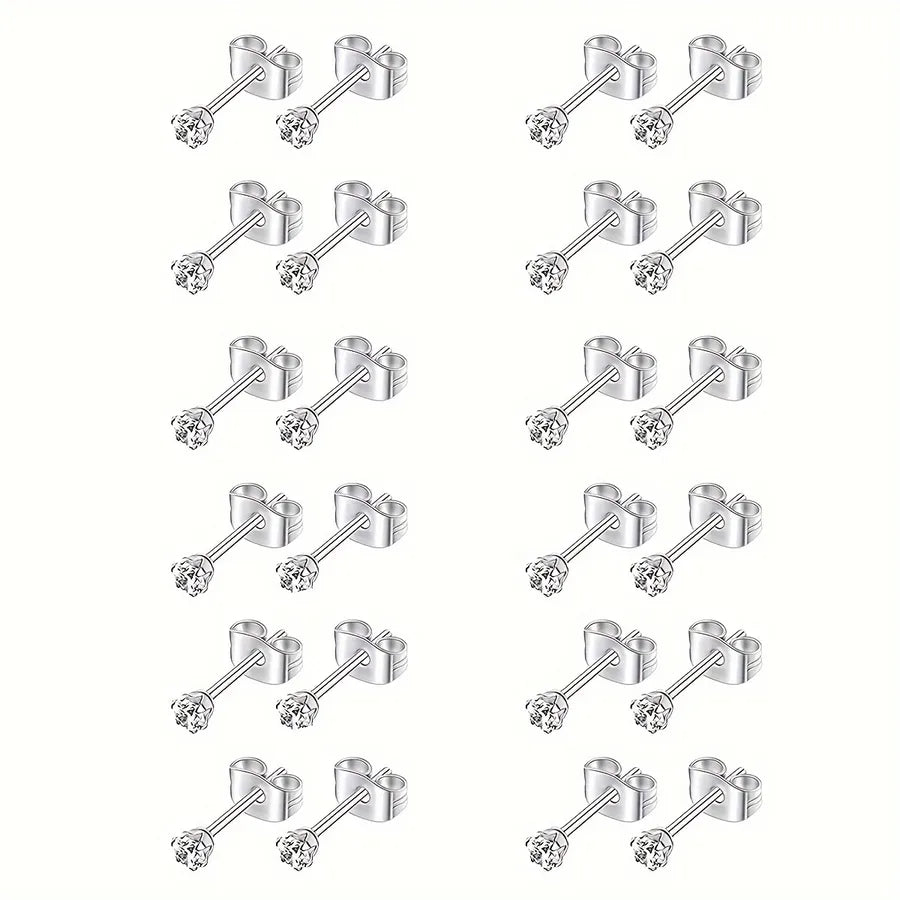 Unisex 12-Pair Stainless Steel Stud Earrings Set
