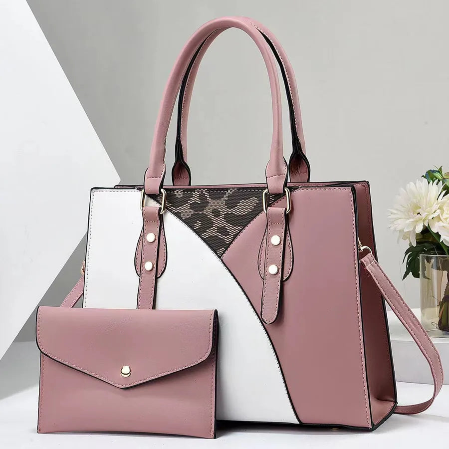 Color Block PU Leather Bucket Shoulder Bag Pink