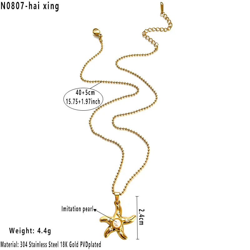 18K Gold Ocean Heart Flower Pendant Necklace Average Size Starfish Necklace