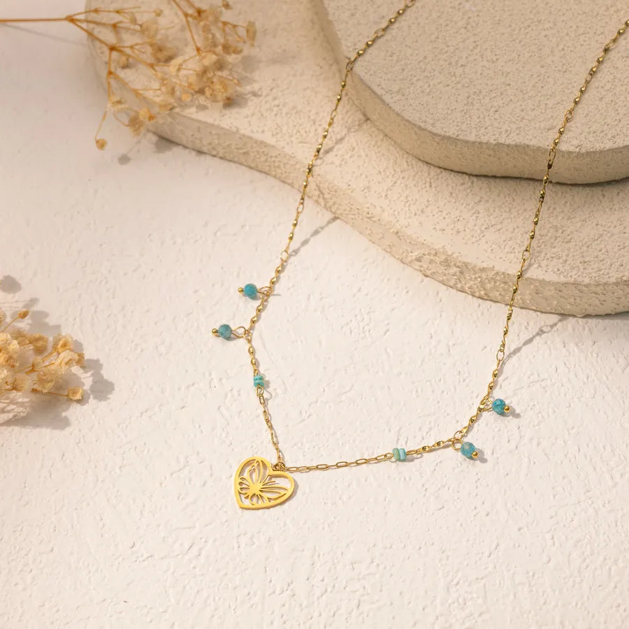 18K Gold Heart & Butterfly Stainless Steel Necklace Average Size Multicolor X-09-56