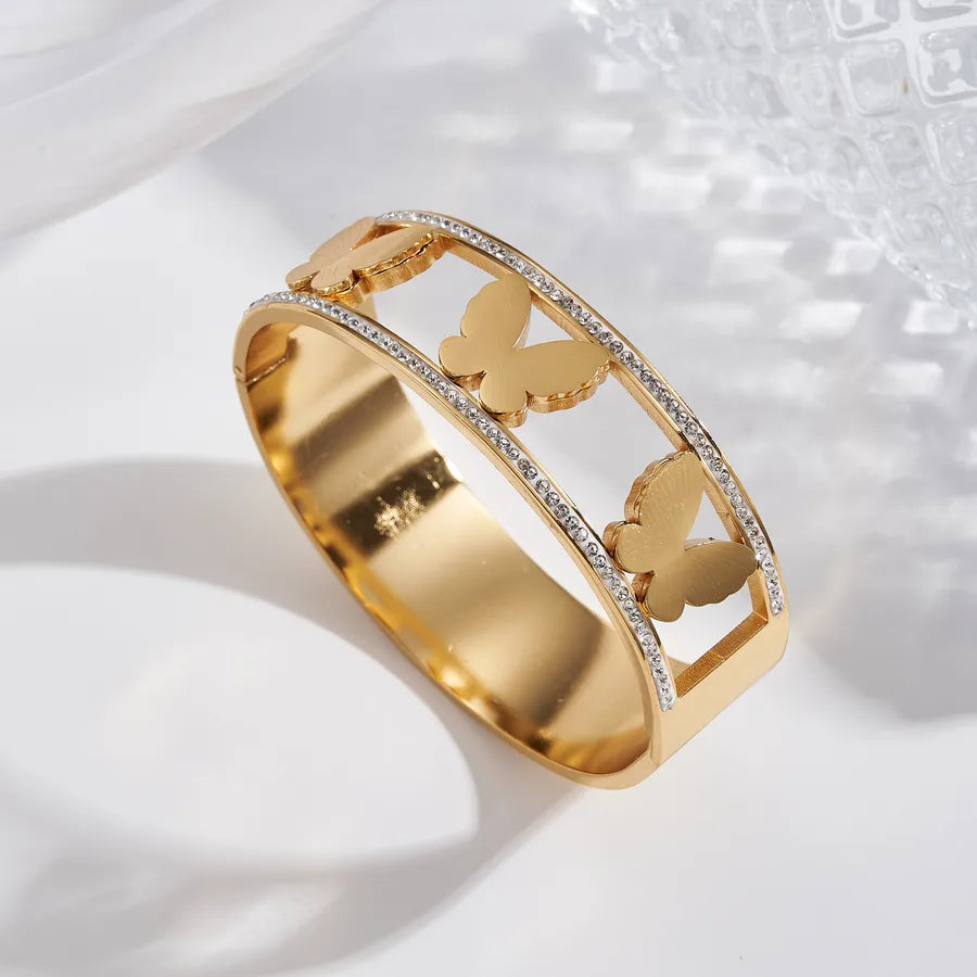 18K Gold Butterfly Heart Open Bangle Bracelet