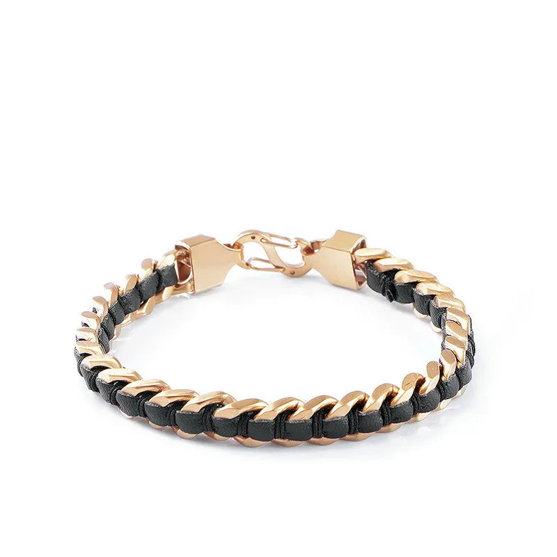 Men's Braided Leather & Stainless Steel Bracelet Gold + Black Leather