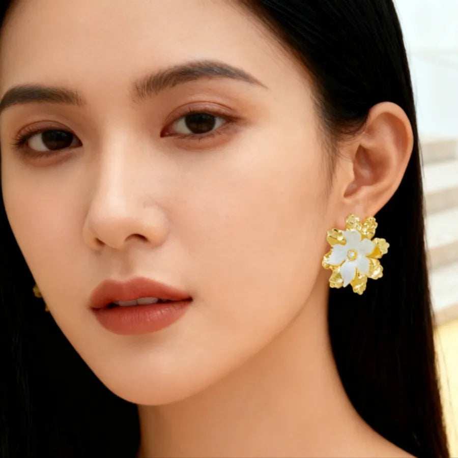 Gold Flower Pearl Drop Earrings