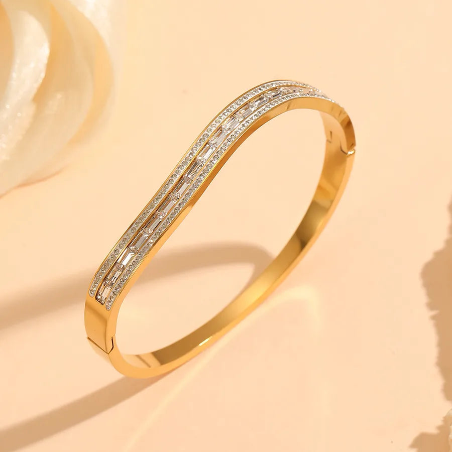 18K Gold PVD Letter & Flower Stainless Steel Bangle Bracelet#3