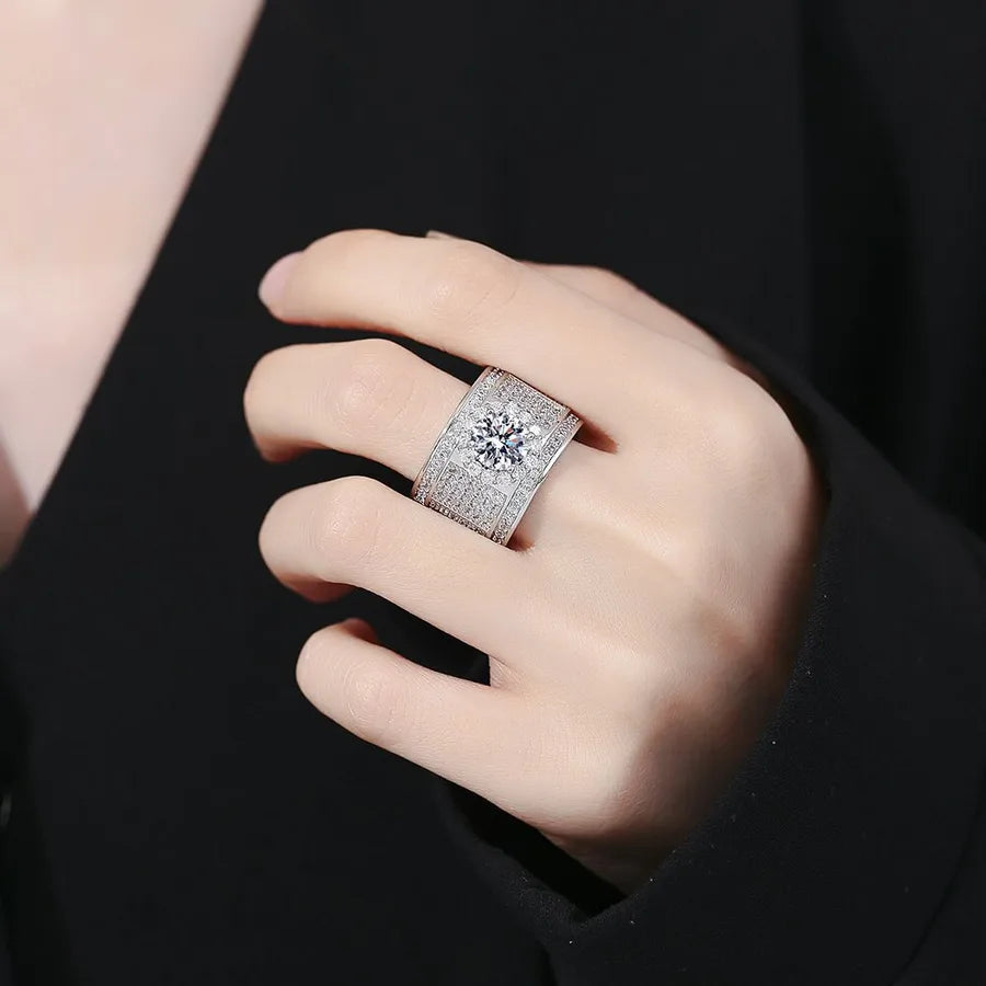 Men's Wide Geometric Diamond Ring in S925 Silver