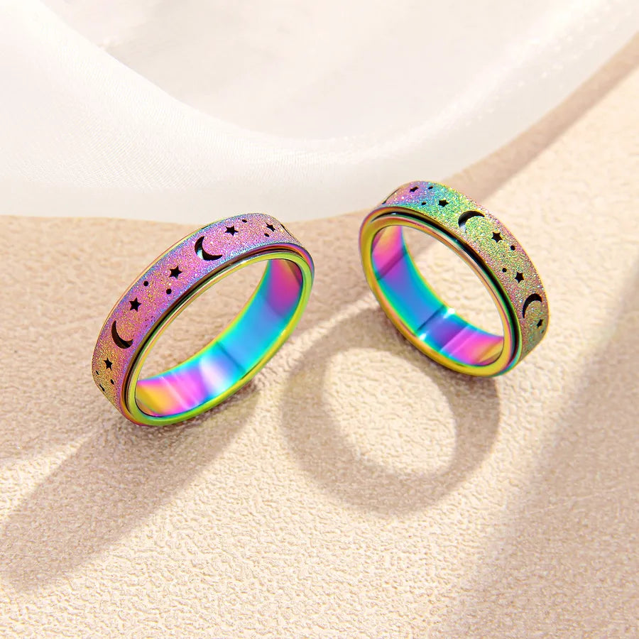 Retro Titanium Steel Geometric Couple Ring Rotating Star and Moon Hollow Color X4
