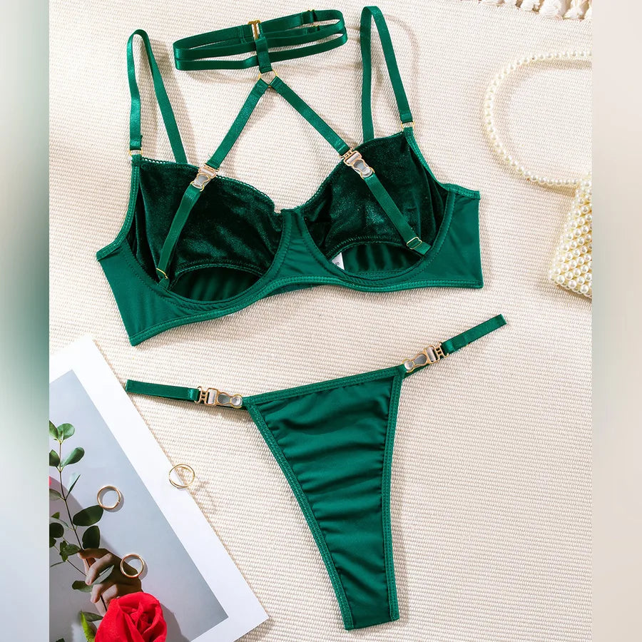Women's Solid Color Sexy Lingerie Set Dark Green