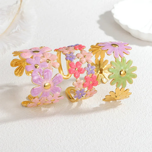 Adjustable Gold Flower Bangle Bracelet