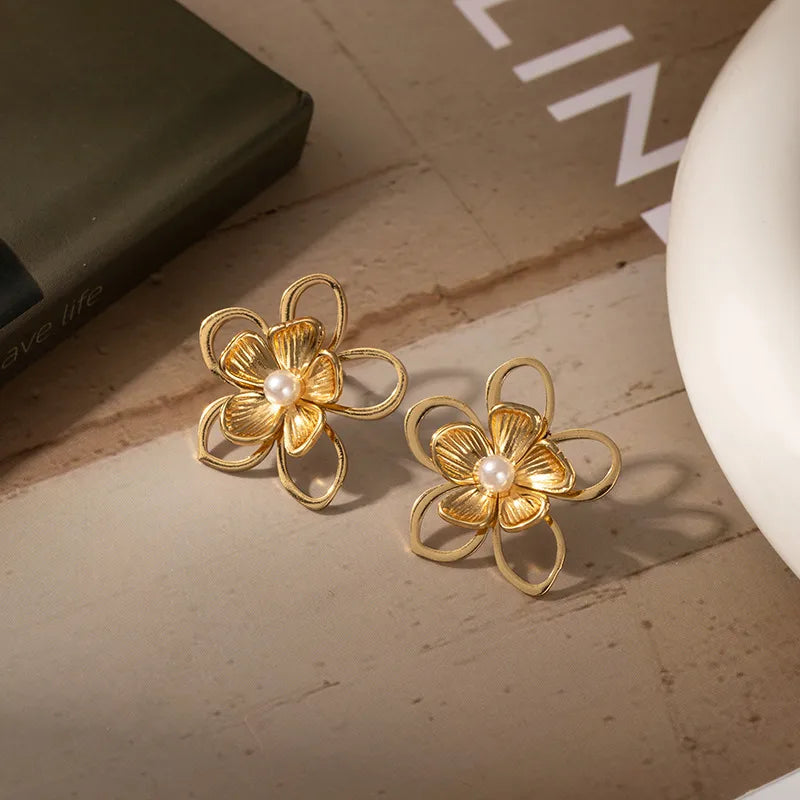 Titanium Steel Butterfly Pearl Drop Earrings Hollow Double Layer Flower Earrings 1214