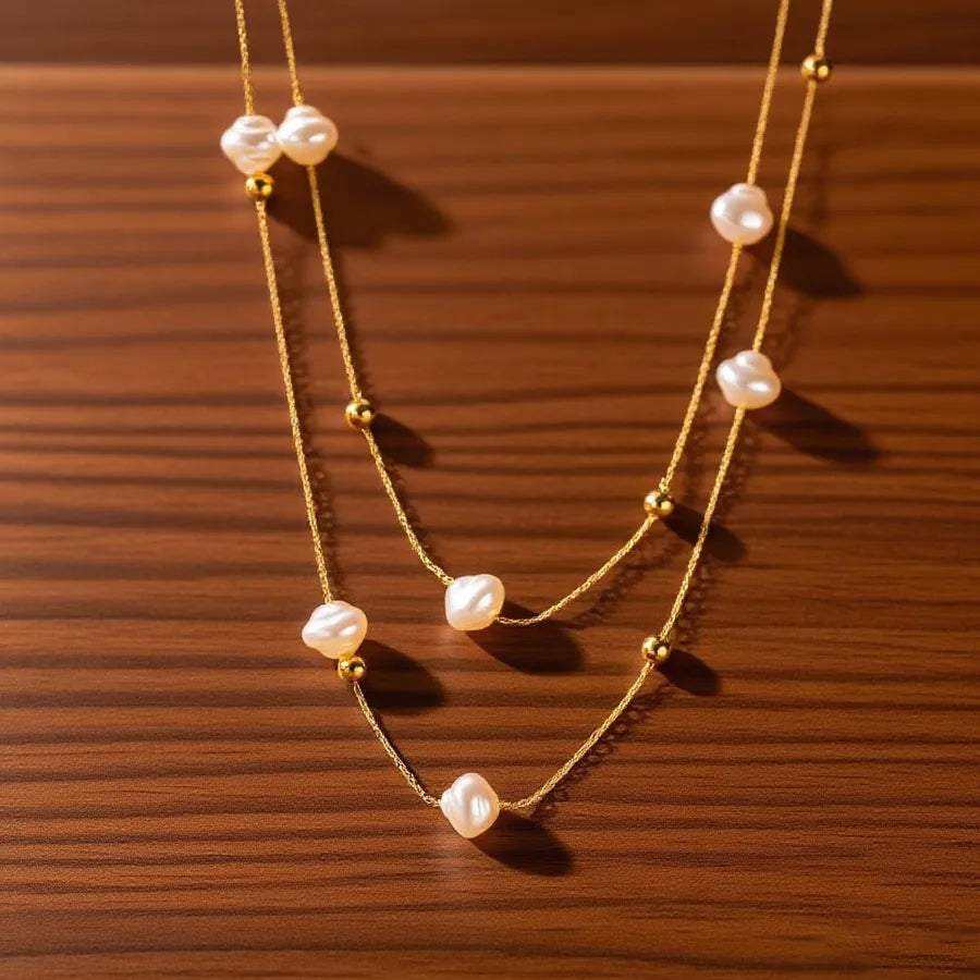 Double Layer Titanium Steel Heart Necklace X01073-Round Pearl-Necklace- Gold