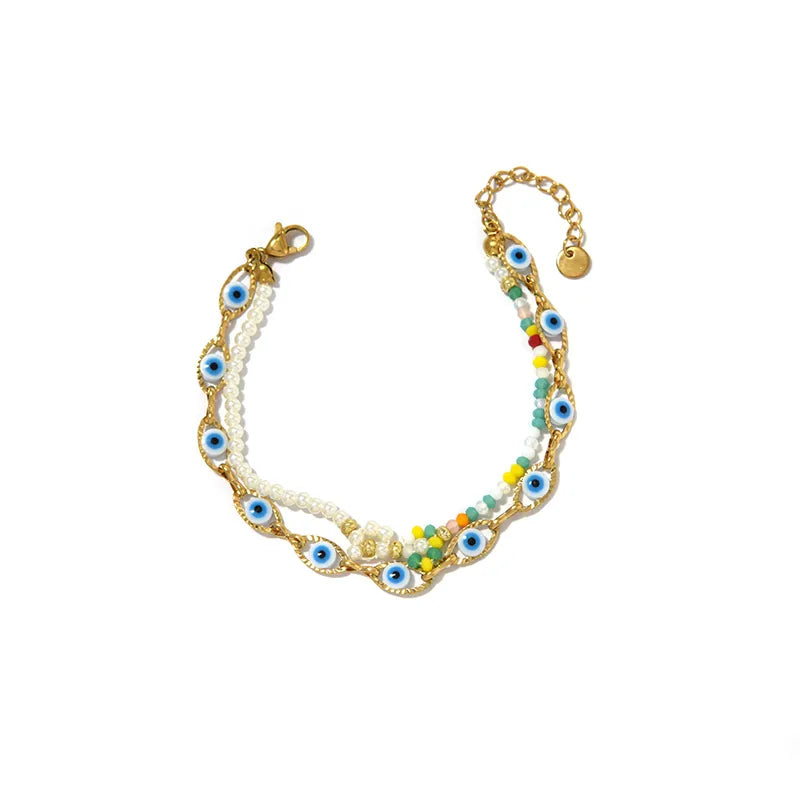 18K Gold Boho Eye & Flower Stainless Steel Bracelet BH0161-02-whiteblue