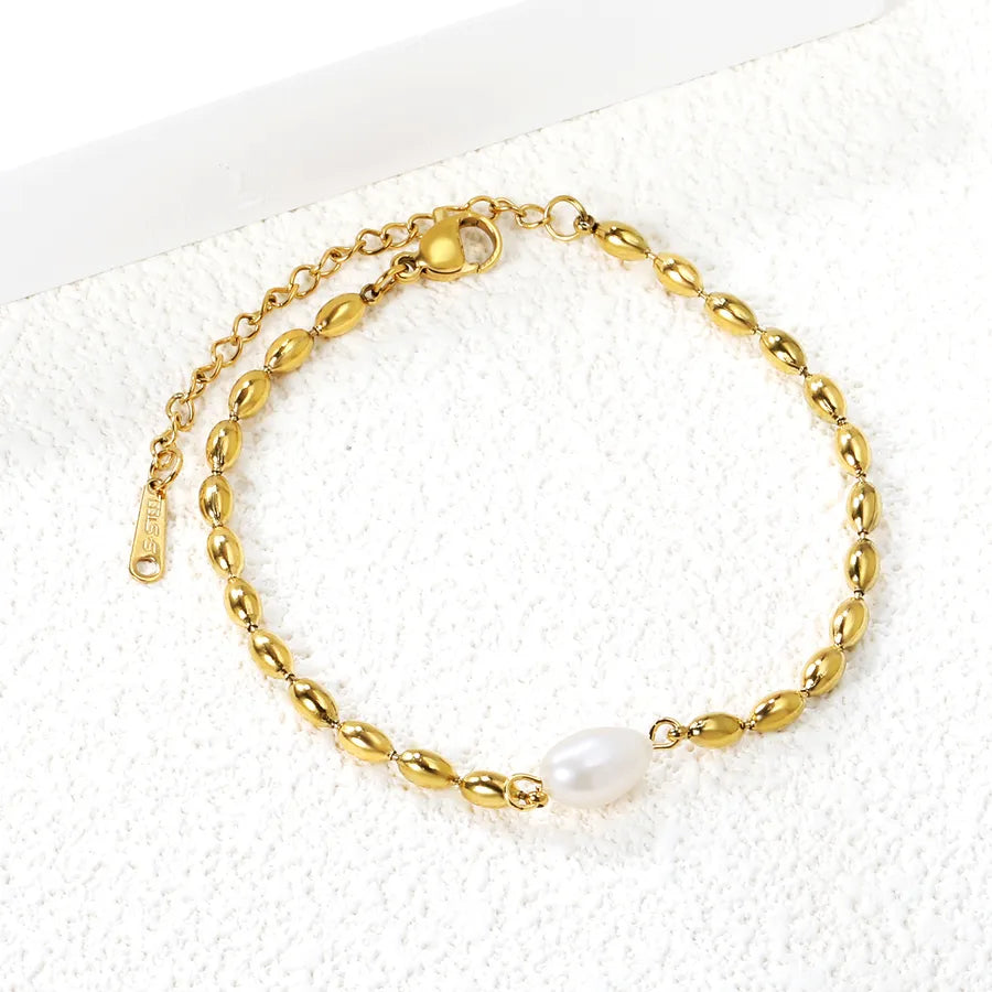 Gold Wheat Bead & Pearl Bracelet for Women